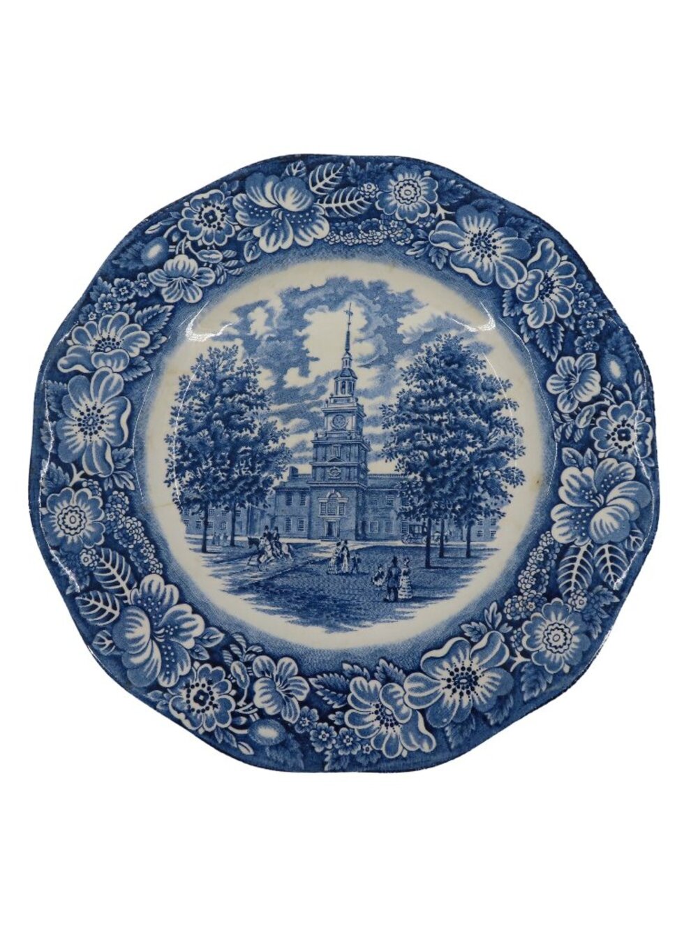 Independence Hall Liberty Blue Staffordshire Ironstone Flower Plate England VTG